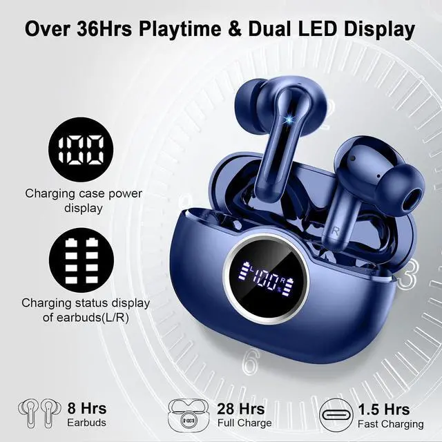Alt view image 5 of 7 - Wireless Earbuds, 2025 Bluetooth 5.4 Headphone 3D Bass Hi-Fi Stereo Ear Buds, 4 ENC Noise Cancelling Mic, 40H 3g USB-C in-Ear Earphone, IP7 Waterproof Workout Sport for Laptop Pad Android iOS, Blue