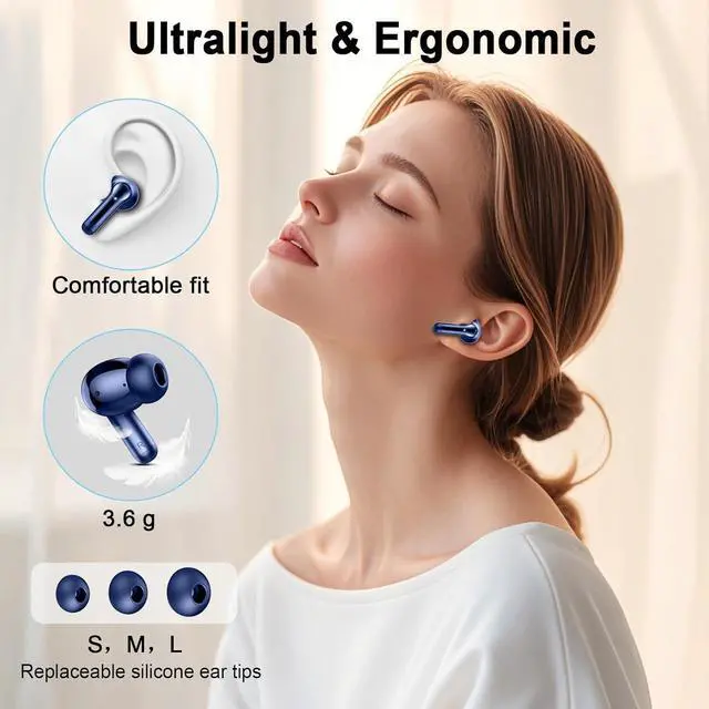Alt view image 6 of 7 - Wireless Earbuds, 2025 Bluetooth 5.4 Headphone 3D Bass Hi-Fi Stereo Ear Buds, 4 ENC Noise Cancelling Mic, 40H 3g USB-C in-Ear Earphone, IP7 Waterproof Workout Sport for Laptop Pad Android iOS, Blue