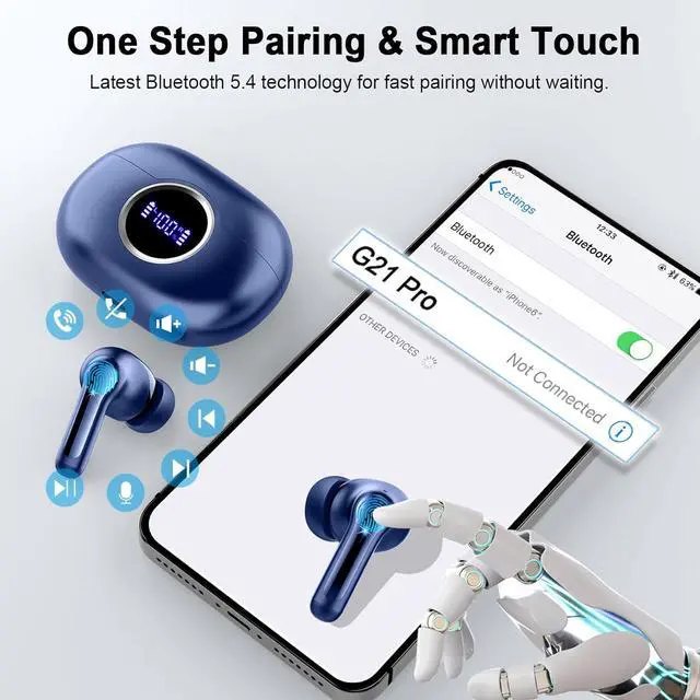 Alt view image 7 of 7 - Wireless Earbuds, 2025 Bluetooth 5.4 Headphone 3D Bass Hi-Fi Stereo Ear Buds, 4 ENC Noise Cancelling Mic, 40H 3g USB-C in-Ear Earphone, IP7 Waterproof Workout Sport for Laptop Pad Android iOS, Blue