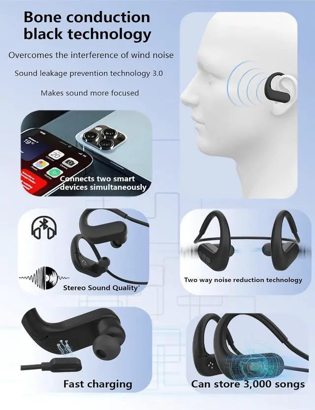 Alt view image 4 of 7 - IPX8 Waterproof Swimming Headphones-Bone Conduction Headphones, Built-in 8G Memory, in Ear Underwater Earbuds, Wireless Earphones Bluetooth 5.4, 8H Playtime, Waterproof Earbuds for Swimming, Running