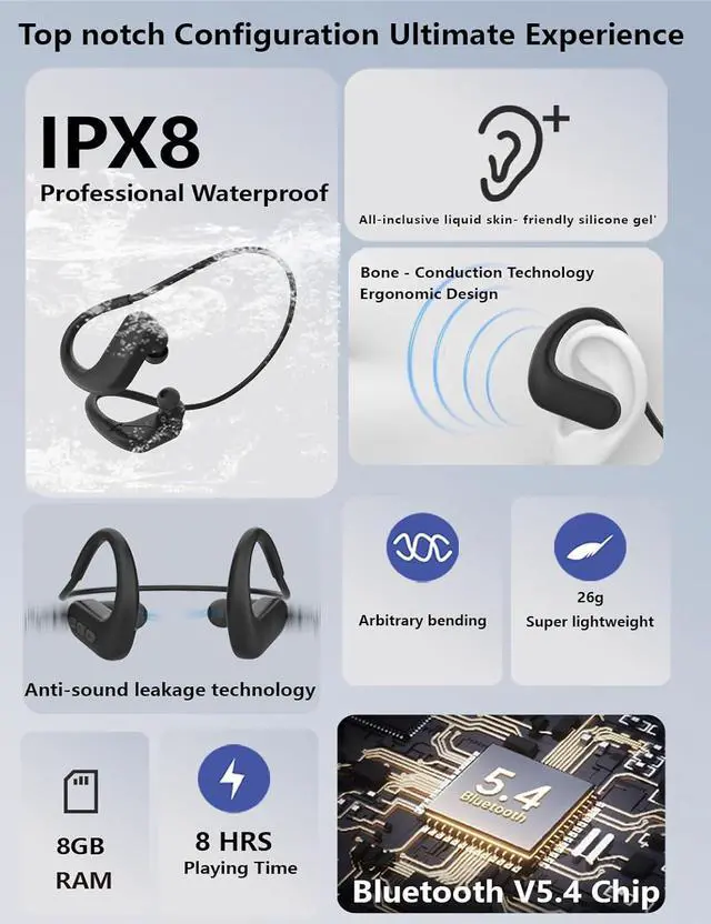 Alt view image 7 of 7 - IPX8 Waterproof Swimming Headphones-Bone Conduction Headphones, Built-in 8G Memory, in Ear Underwater Earbuds, Wireless Earphones Bluetooth 5.4, 8H Playtime, Waterproof Earbuds for Swimming, Running