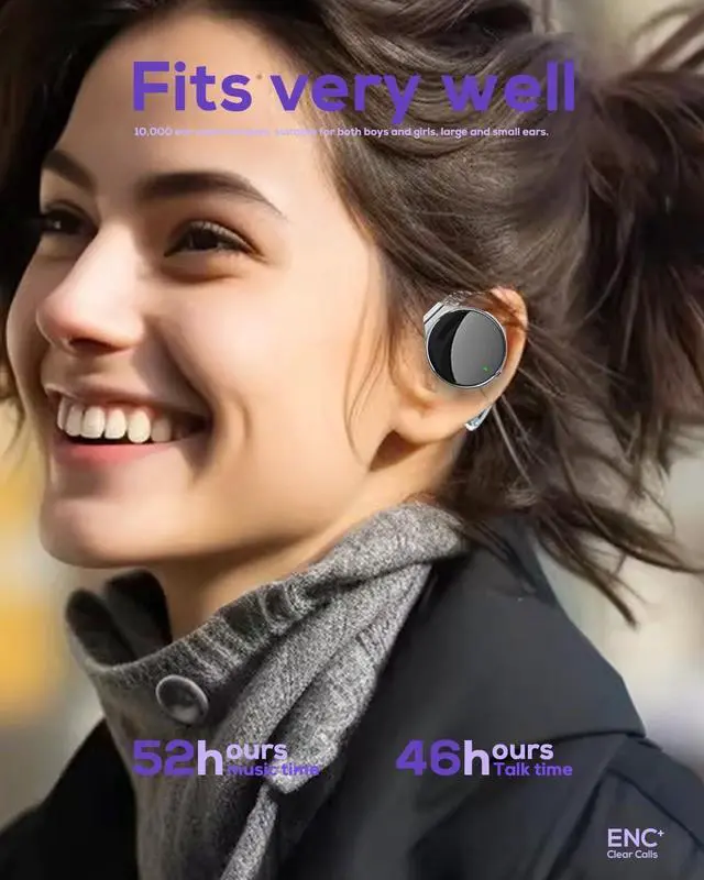 Alt view image 6 of 6 - On Ear Headphones Bluetooth 5.4, Noise Cancelling Open Ear Headphones Wireless, Water-Drop Shaped Clip On Sport Headset Bluetooth with 4 Microphone, Comfort Fit Earphones with Long Battery Life