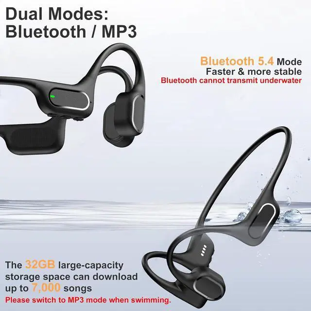 Alt view image 4 of 7 - Bone Conduction Swimming Headphones,IP68 Waterproof, Built-in 32GB MP3 Player, Open-Ear Design for Swimming, Surfing, Running & Cycling (Black)