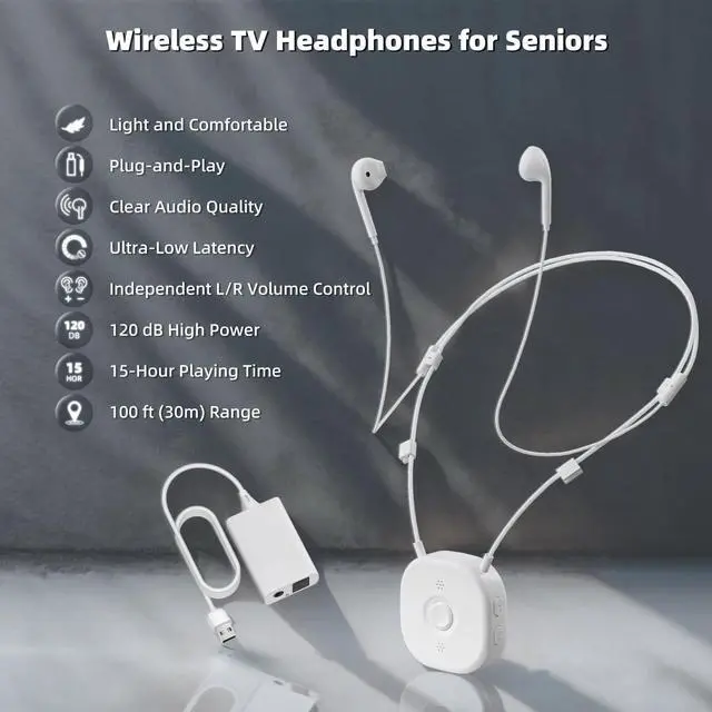 Alt view image 2 of 7 - Wireless Headphones for TV Watching, TV Headphones Wireless for Seniors with Independent Volume Control, Neckband Design, Plug and Play, 100ft Range, 15H Battery, Compatible with Optical & AUX