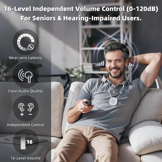 Alt view image 4 of 7 - Wireless Headphones for TV Watching, TV Headphones Wireless for Seniors with Independent Volume Control, Neckband Design, Plug and Play, 100ft Range, 15H Battery, Compatible with Optical & AUX