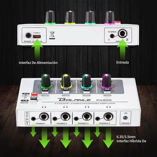 Alt view image 2 of 7 - Bolanle PH400 4-Channel Headphone Amp with 8 Output Ports, 3.5mm & 6.35mm Jacks, Mono/Stereo Switch, 7 Color Breathing Light