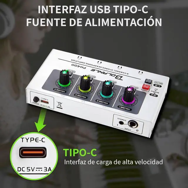 Alt view image 6 of 7 - Bolanle PH400 4-Channel Headphone Amp with 8 Output Ports, 3.5mm & 6.35mm Jacks, Mono/Stereo Switch, 7 Color Breathing Light