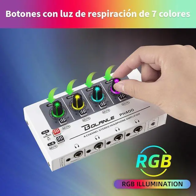 Alt view image 5 of 7 - Bolanle PH400 4-Channel Headphone Amp with 8 Output Ports, 3.5mm & 6.35mm Jacks, Mono/Stereo Switch, 7 Color Breathing Light