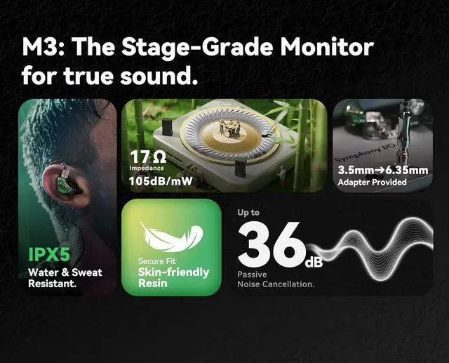 Alt view image 5 of 7 - Tipsy M3 Professional IEM for Musicians, 2BA + 1DD Drivers, 36dB PNC, IPX5, Acoustic-Runway Technology, Skin-Friendly Resin, Detachable 0.78mm 2-pin Cable (No Mic, Green)