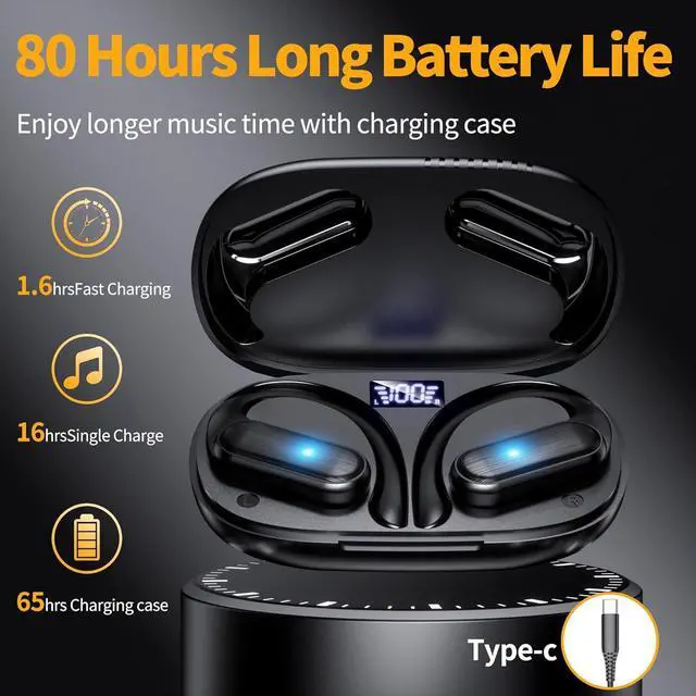 Alt view image 2 of 7 - Wireless Earbuds Bluetooth Headphones 80hrs Play Back Sport Earphones with LED Display Over-Ear Buds with Earhooks Built-in Mic IPX7 Waterproof Headset for Workout Grey-Black