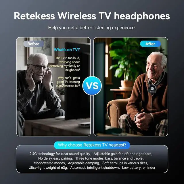 Alt view image 2 of 7 - Retekess TA008 Tv Ears for Seniors, 2.4G Digital TV Headphones Wireless for Seniors, 30M, Dual Battery Combo, Independent Volume Adjustment for Left and Right Ears, for Hearing Lmpaired