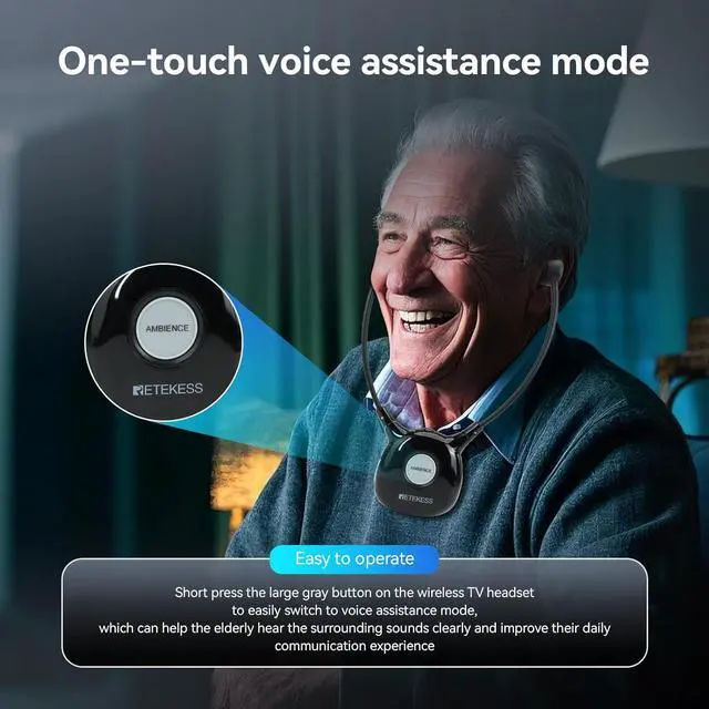 Alt view image 7 of 7 - Retekess TA008 TV Headphones for Seniors Bundle TA005P Wireless Headphones for TV, Clear Sound Quality, Wireless Headphones for Elderly