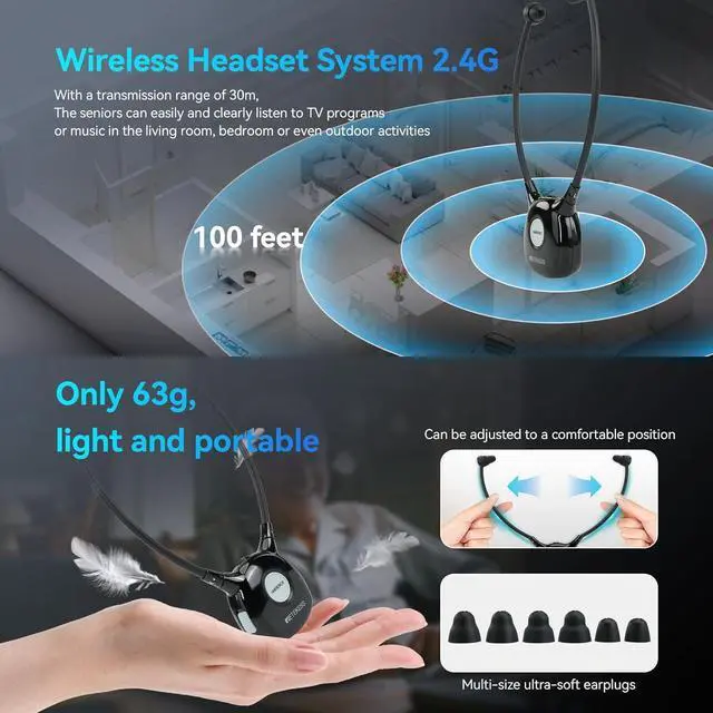 Alt view image 5 of 7 - Retekess TA008 Tv Ears for Seniors, 2.4G Digital TV Headphones Wireless for Seniors, 30M, Dual Battery Combo, Independent Volume Adjustment for Left and Right Ears, for Hearing Lmpaired