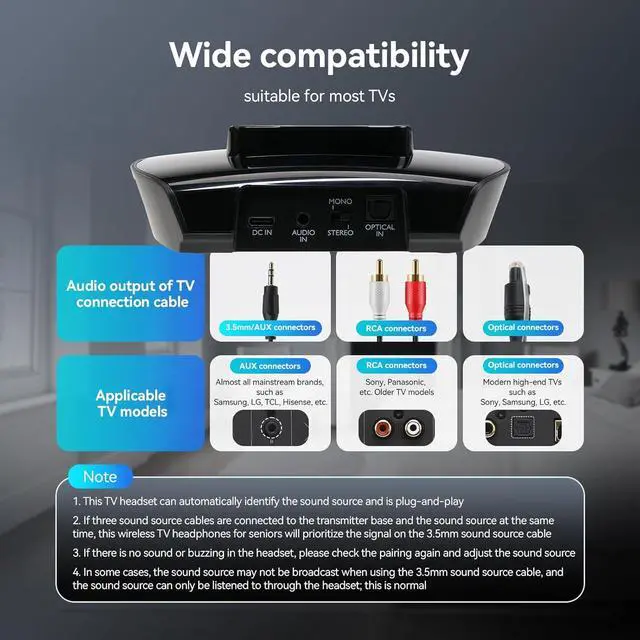 Alt view image 6 of 7 - Retekess TA008 Tv Ears for Seniors, 2.4G Digital TV Headphones Wireless for Seniors, 30M, Dual Battery Combo, Independent Volume Adjustment for Left and Right Ears, for Hearing Lmpaired