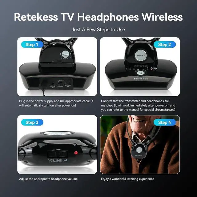 Alt view image 7 of 7 - Retekess TA008 Tv Ears for Seniors, 2.4G Digital TV Headphones Wireless for Seniors, 30M, Dual Battery Combo, Independent Volume Adjustment for Left and Right Ears, for Hearing Lmpaired