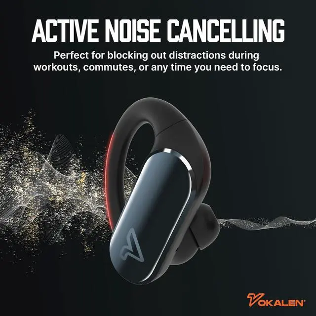 Alt view image 5 of 7 - VOKALEN Reflex Pro - Wireless Sport Earbuds with Ear Hooks, Active Noise Cancellation, up to 50H of Battery Life, IP68 Dust and Waterproof, Touch Control, Secure Fit for Sports (Black)