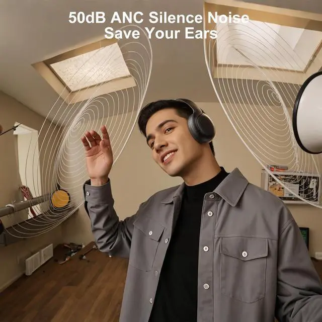 Alt view image 2 of 7 - Linklike Over-Ear Wireless Headphones 50dB ANC Hi-Res Audio, 180H Playtime Noise Canceling Headphones, Touch Control Foldable Bluetooth Headset with IPX5 Waterproof, Best for Travel/Gym/Office