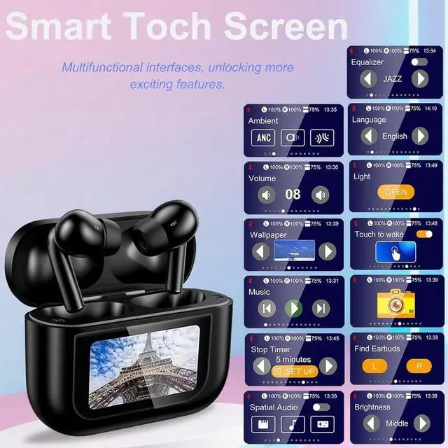 Alt view image 3 of 7 - Wireless Earbuds, Earphones Wireless Bluetooth 5.4 In Ear Headphones, 40H Hifi Sound ANC Noise Canceling Earbuds, Touch Screen Ear Buds Multifunctional Headsets for Android/IOS Work Gym Sports (Black)