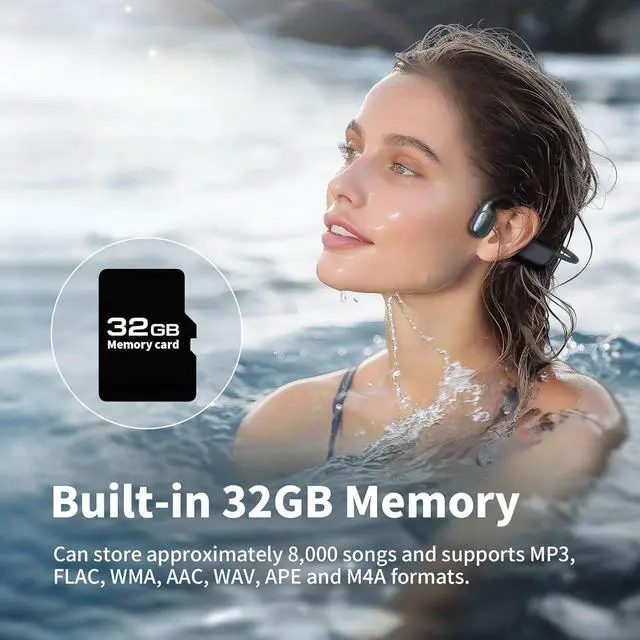 Alt view image 3 of 7 - Swimming Earbuds Bone Conduction Wireless Bluetooth Headphones Waterproof IPX8 Underwater Open Earphones with Built-in 32GB Memory MP3 Player 8 Hours Playtime Sports Headset for Running Gym