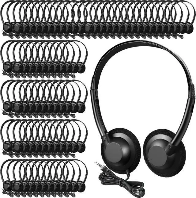 Main image of Flutesan 60 Pieces Classroom School Headphones Bulk on Ear Headphone with 3.5mm Headphone Plug in Adjustable Disposable for Kids Adults Student Noise Stereo Sound Library No Microphone