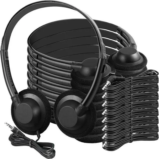 Alt view image 2 of 7 - Flutesan 60 Pieces Classroom School Headphones Bulk on Ear Headphone with 3.5mm Headphone Plug in Adjustable Disposable for Kids Adults Student Noise Stereo Sound Library No Microphone