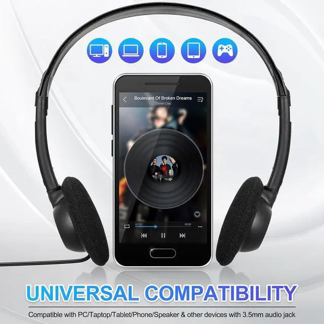 Alt view image 5 of 7 - Flutesan 60 Pieces Classroom School Headphones Bulk on Ear Headphone with 3.5mm Headphone Plug in Adjustable Disposable for Kids Adults Student Noise Stereo Sound Library No Microphone