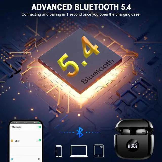 Alt view image 2 of 7 - Wireless Earbuds, Bluetooth 5.4 Headphones Stereo Bass, in Ear Earphones 4 ENC Noise Cancelling Mic, 40H Playtime Ear Buds with Mini USB C Charging Case, IP7 Waterproof Sports Earbuds for Android iOS