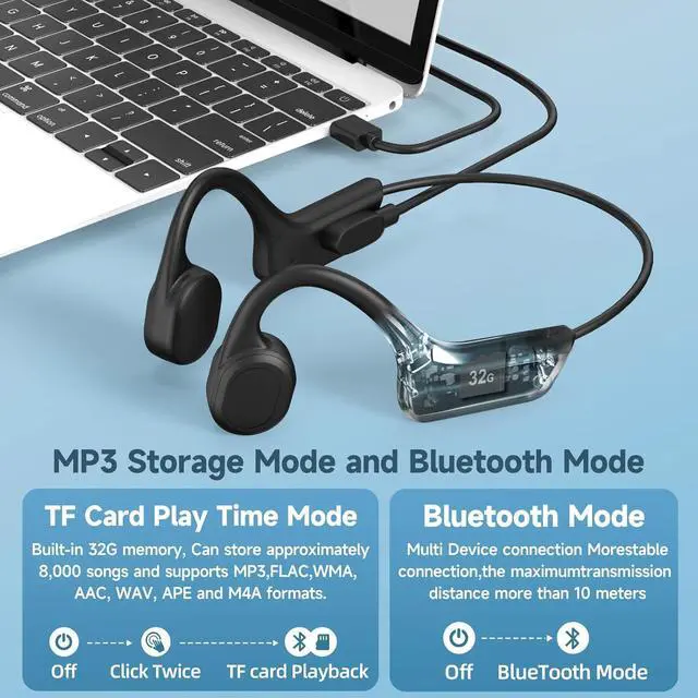 Alt view image 5 of 7 - Bone Conduction Swimming Headphones,Waterproof IP68,Wireless Bluetooth 5.3 Earphones with Microphone, Built-in 32GB MP3 Open Ear Bluetooth Headphones for Running,Swimming,Diving