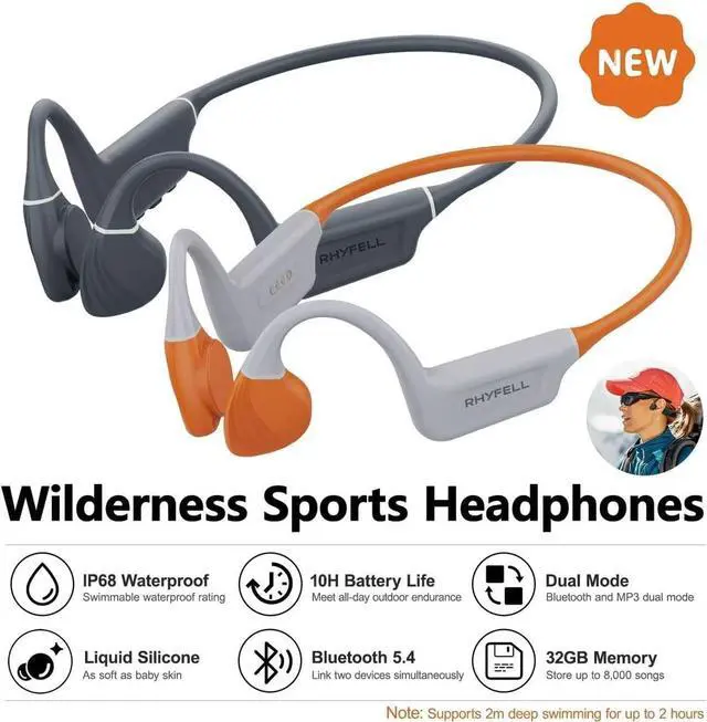 Alt view image 7 of 7 - Wild 5 Bone Conduction Headphones, IP68 Waterproof Swimming Headphones Built-in MP3 Player 32G Memory, Bluetooth 5.4, Liquid Silicone Material for Running, Hiking and Wilderness Discovery