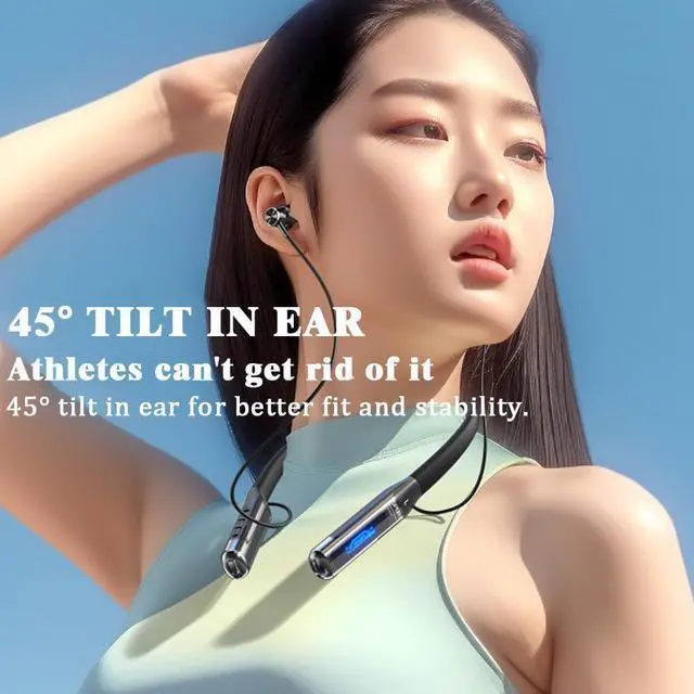 Alt view image 2 of 7 - Sports Bluetooth Headset 80H of Ultra-Long Battery Life Neckband Headphones ENC Physical Noise Reduction LED Power Display Bluetooth 5.3 HiFi Stereo Business Call Headset