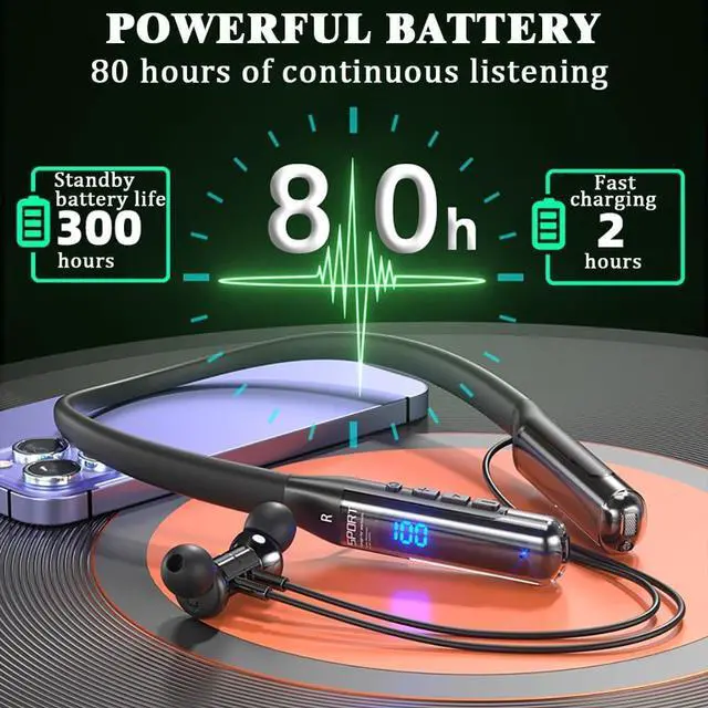 Alt view image 3 of 7 - Sports Bluetooth Headset 80H of Ultra-Long Battery Life Neckband Headphones ENC Physical Noise Reduction LED Power Display Bluetooth 5.3 HiFi Stereo Business Call Headset