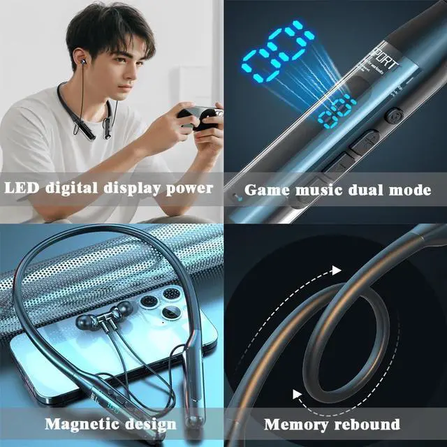 Alt view image 6 of 7 - Sports Bluetooth Headset 80H of Ultra-Long Battery Life Neckband Headphones ENC Physical Noise Reduction LED Power Display Bluetooth 5.3 HiFi Stereo Business Call Headset