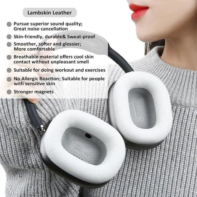 Alt view image 2 of 7 - Lambskin Ear Pads for AirPods Max Headphones Sheepskin Leather Earpads Replacement with Memory Foam and Magnet Sweat Proof& Excellent Noise Isolation White