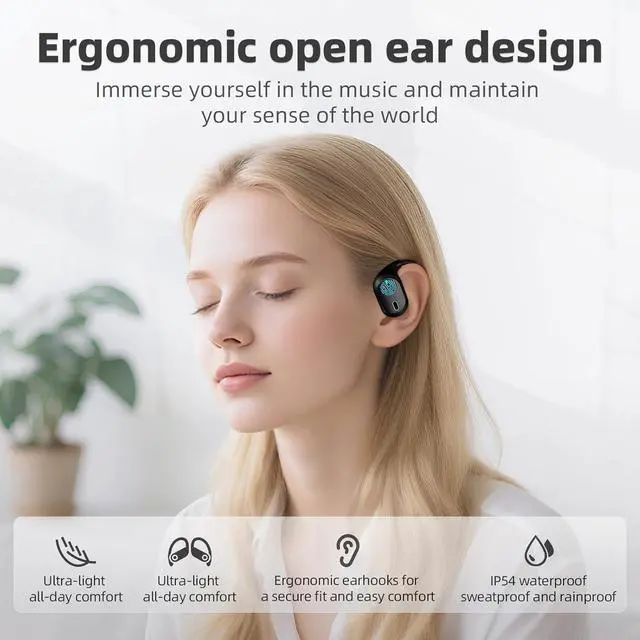 Alt view image 2 of 7 - Open Ear Headphones, Bluetooth 5.4 Wireless Earbuds, 40H Playback, with LED Dgital Display, IP54 Waterproof Sports Headphones for Running, Cycling and Gym (Black)