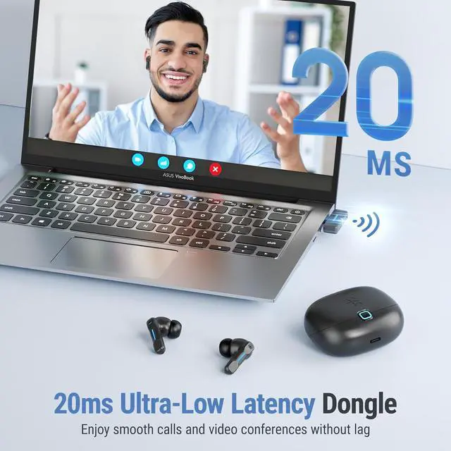 Alt view image 3 of 7 - SW5 Wireless Headphones for Work with Microphone, Bluetooth Earbuds, 20ms Low Latency, 4 Mics, Compatible with Desktop Computer and Laptop PC, Ideal for Office, Call Center