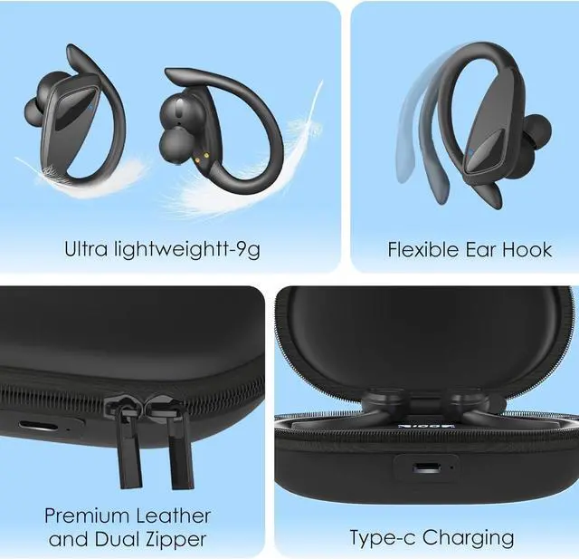 Alt view image 6 of 7 - Wireless Earbuds Bluetooth Headphones, 23Hrs Playback Sport Earphones with LED Display Over-Ear Buds with Earhooks, Sweatproof Running Ear Buds with Earhooks Workout Earphones (Black)