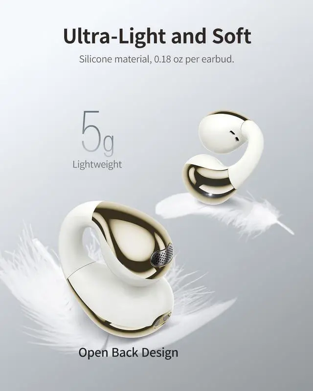 Alt view image 7 of 7 - Open-Ear Earbuds, Clip-On Headphones, Open-Ring Comfort Wireless Bluetooth Earbuds, Dual Connection, 30H Playtime, Comfortable for Workouts and Daily Use, White