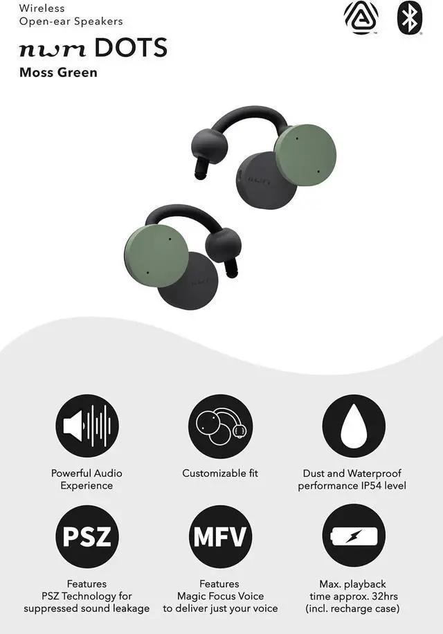 Alt view image 3 of 6 - nwm DOTS Wireless On-Ear Speakers (Open Ear Earphones) Sound Leakage suppressed (PSZ Technology - Bone Conduction Alternative) with Optimal Microphone Function Designed in Japan | Moss Green
