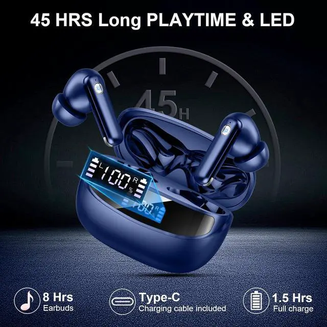 Alt view image 5 of 7 - Wireless Earbuds, Bluetooth 5.4 Headphones with 4 ENC Noise Cancelling Mic, 45Hrs Playtime Bluetooth Earphones HiFi Stereo Deep Bass, in Ear Earbuds IP7 Waterproof, Wireless Headphones Deep Blue
