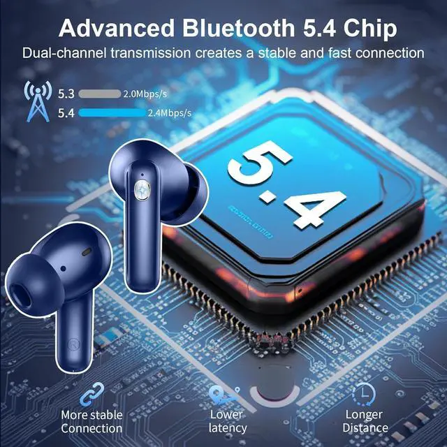 Alt view image 2 of 7 - Wireless Earbuds, Bluetooth 5.4 Headphones with 4 ENC Noise Cancelling Mic, 45Hrs Playtime Bluetooth Earphones HiFi Stereo Deep Bass, in Ear Earbuds IP7 Waterproof, Wireless Headphones Deep Blue