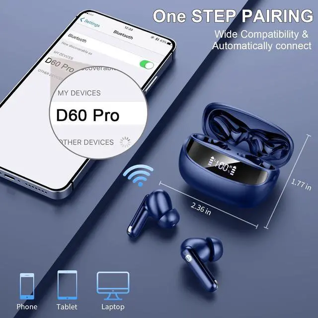 Alt view image 4 of 7 - Wireless Earbuds, Bluetooth 5.4 Headphones with 4 ENC Noise Cancelling Mic, 45Hrs Playtime Bluetooth Earphones HiFi Stereo Deep Bass, in Ear Earbuds IP7 Waterproof, Wireless Headphones Deep Blue