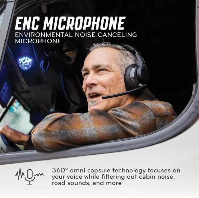Alt view image 3 of 7 - RoadWarrior RW2 Trucker Bluetooth Headset  40mm Driver, ENC Mic, 100ft Wireless, IP54 Rated, All Day Comfort, Battery Indicator, Over-Ear Fit  Black Premium Wireless Headset for Truckers
