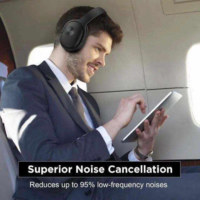 Alt view image 2 of 7 - Hybrid Active Noise Cancelling Headphones Noise Canceling Wireless Over Ear Bluetooth Headphones with Deep Bass Comfort Ear Cups, 30H with Travel case for Home Office Travel, Black Glaze