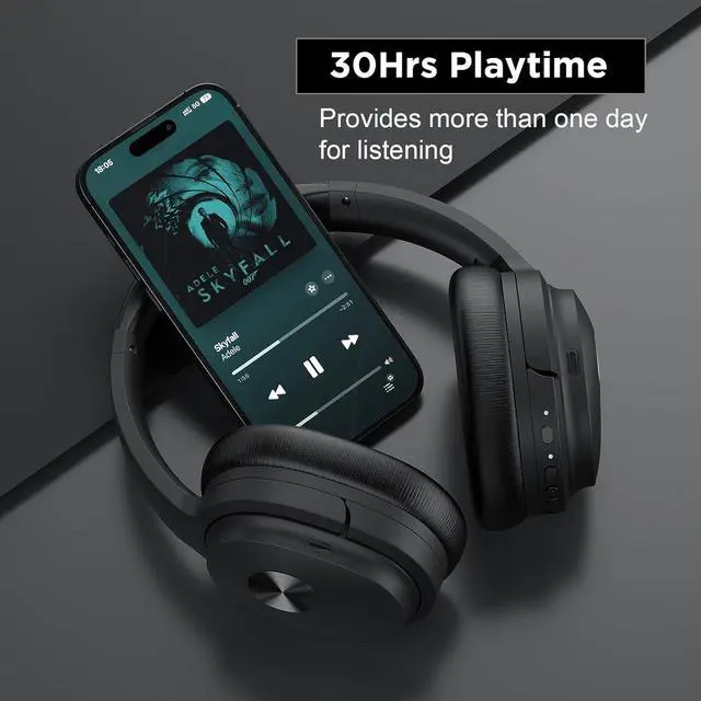 Alt view image 7 of 7 - Hybrid Active Noise Cancelling Headphones Noise Canceling Wireless Over Ear Bluetooth Headphones with Deep Bass Comfort Ear Cups, 30H with Travel case for Home Office Travel, Black Glaze