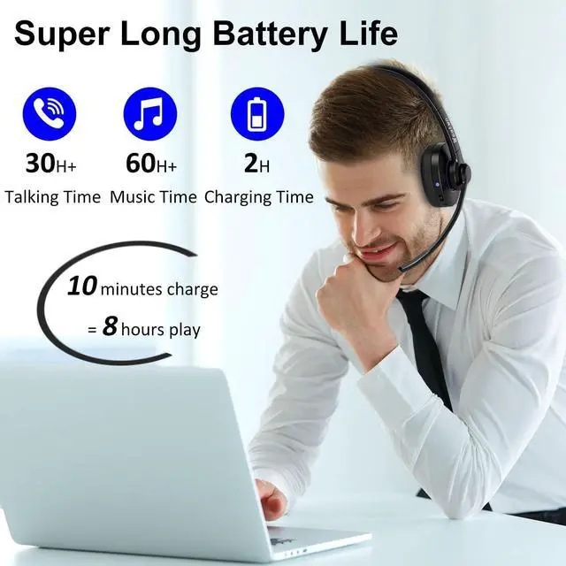 Alt view image 5 of 7 - Bluetooth Headset with Noise Cancelling Microphone & Mic Mute, 30H+ Talking Time Wireless Headset V5.1 Bluetooth Headphone for Work/Ms Teams/Zoom/Cell Phone/Laptop/Call Center/Office/Home