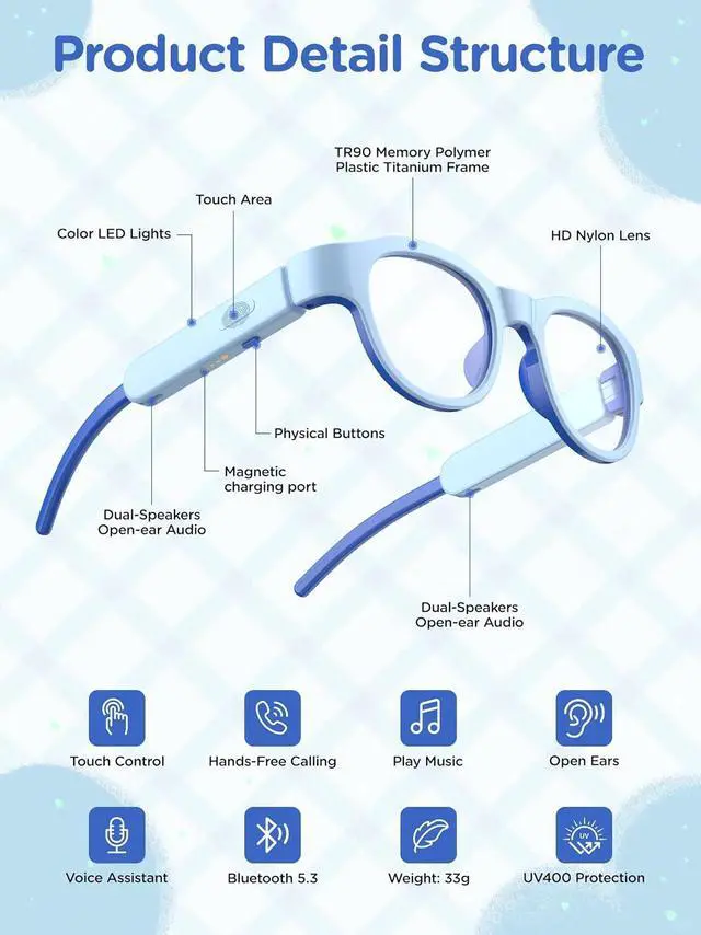 Alt view image 2 of 7 - Kids Blue Light Glasses with Bluetooth Audio,Smart glasses,RGB 7-color light, Kids Smart Glasses Gifts