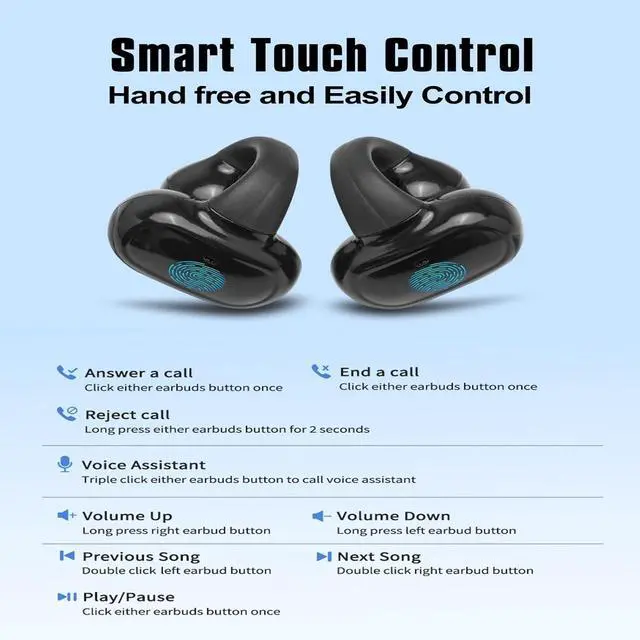 Alt view image 7 of 7 - Ear Clip Wireless Earbuds Open Ear Headphones Bluetooth with Touch Control AI Noise Cancelling 30Hrs Playtime IPX4 Waterproof Lightweight Comfort Unisex for Sports Running & Workouts