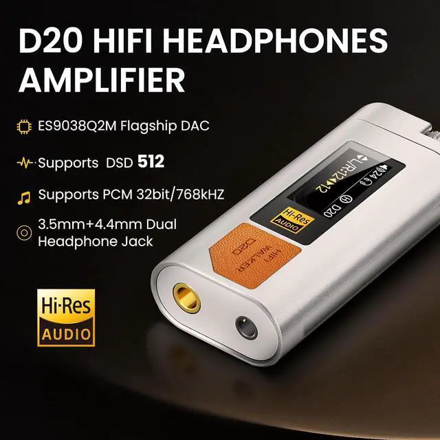 Alt view image 2 of 7 - D20 DAC512 Portable Headphone Amp/DAC  USB Hi-Res Audio Dongle with 4.4mm Balanced & 3.5mm Output, ES9038Q2M + CT7601PR, Support PCM 768kHz/DSD512, CNC Aluminum, OLED Display