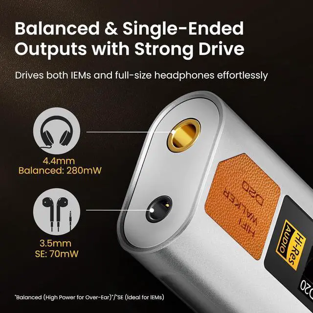Alt view image 4 of 7 - D20 DAC512 Portable Headphone Amp/DAC  USB Hi-Res Audio Dongle with 4.4mm Balanced & 3.5mm Output, ES9038Q2M + CT7601PR, Support PCM 768kHz/DSD512, CNC Aluminum, OLED Display