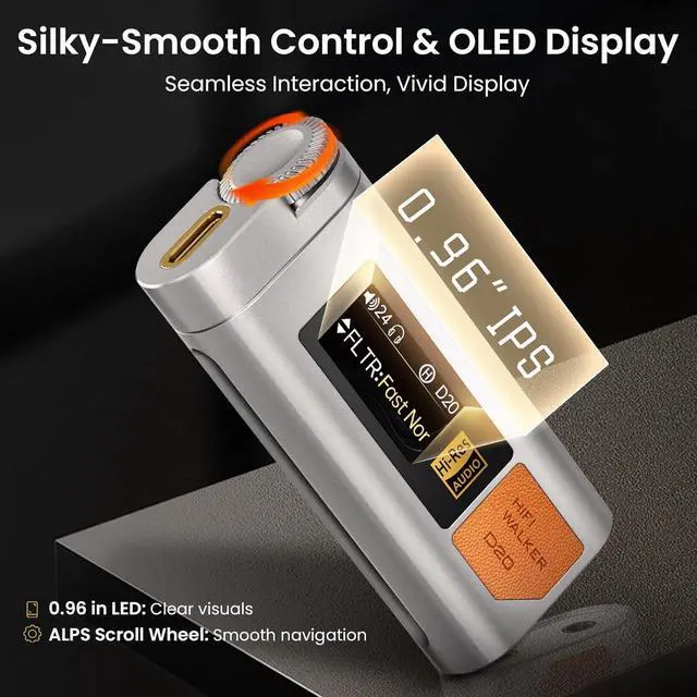 Alt view image 5 of 7 - D20 DAC512 Portable Headphone Amp/DAC  USB Hi-Res Audio Dongle with 4.4mm Balanced & 3.5mm Output, ES9038Q2M + CT7601PR, Support PCM 768kHz/DSD512, CNC Aluminum, OLED Display